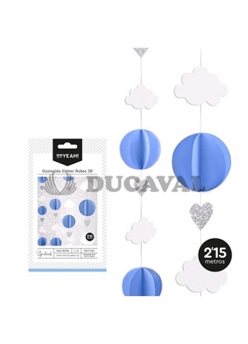 Guirnalda techo 3D nubes azul pastel glitter 2.5mts