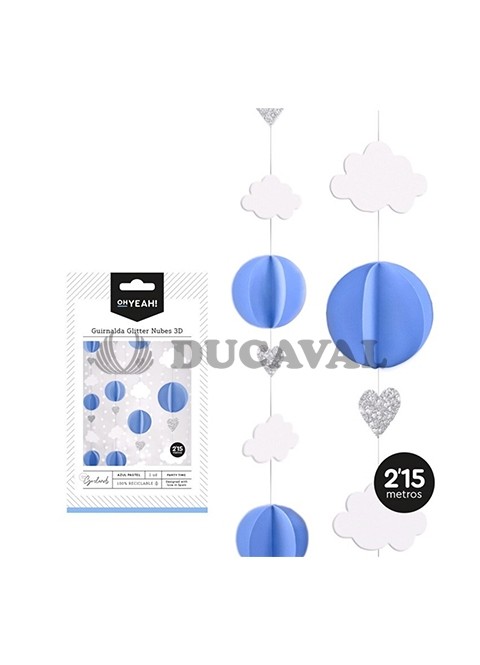 Guirnalda techo 3D nubes azul pastel glitter 2.5mts