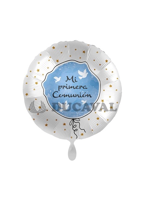 Globo foil MI PRIMERA COMUNIÓN paloma azul 17  43cm
