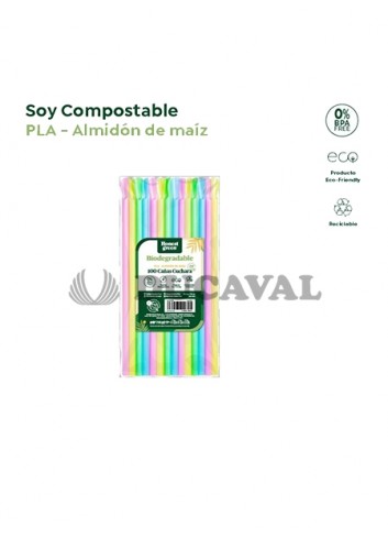 Cañas cuchara colores bio 20cm 100und