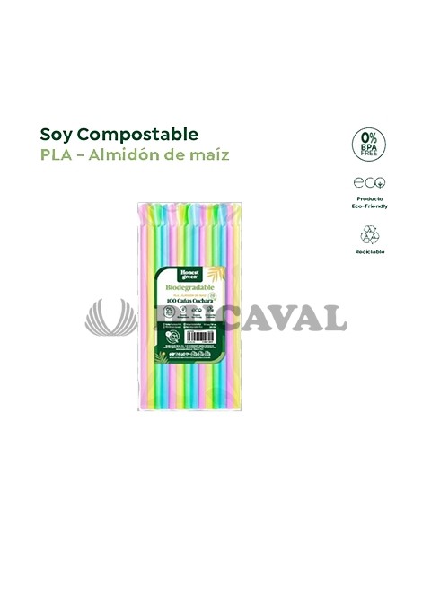 Cañas cuchara colores bio 20cm 100und