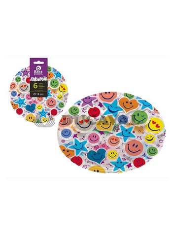 Plato llano caras sonrientes 18cm 6ud - Disfraces Ducaval