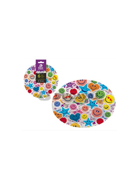 Plato llano caras sonrientes 18cm 6ud - Disfraces Ducaval