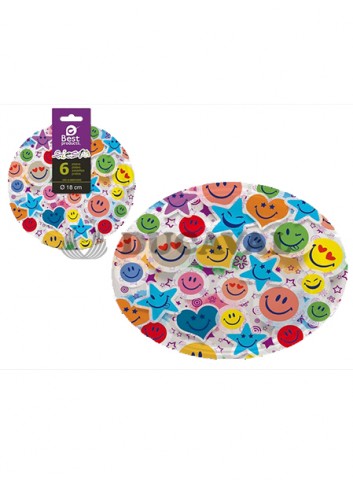 Plato llano caras sonrientes 18cm 6ud - Disfraces Ducaval
