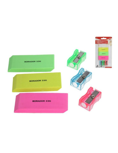 Blister de gomas y sacapuntas neón | Ducaval | Envías 24/48 horas 