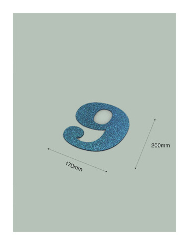 Número 9 con purpurina azul 170 x 200 mm