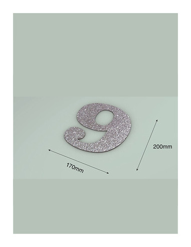 Número 9 con purpurina plata 170 x 200 mm. Ducaval envios 24/48 horas