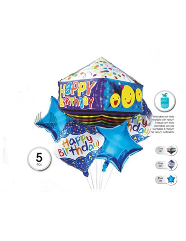 Set globo mylar rombo Happy Birthday 5 unidades