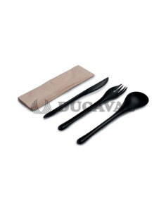 Cubiertos negros cuchara, tenedor, cuchillo y servilleta 50ud | Ducav