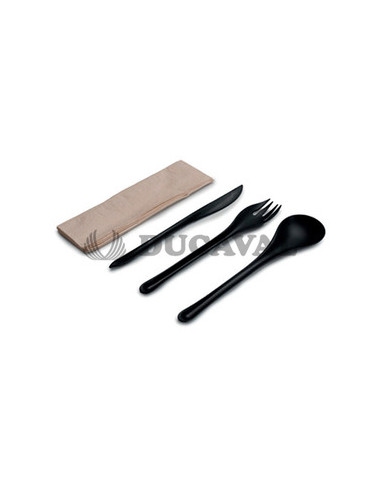 Cubiertos negros cuchara, tenedor, cuchillo y servilleta 50ud | Ducav