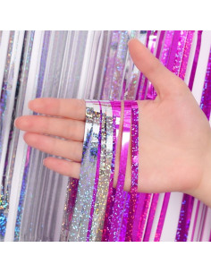 Cortina de flecos fucsia y plata 1 x 2mts