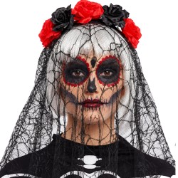 Diadema Catrina con Velo y Flores Rojas y Negras | Ducaval | Envías 2