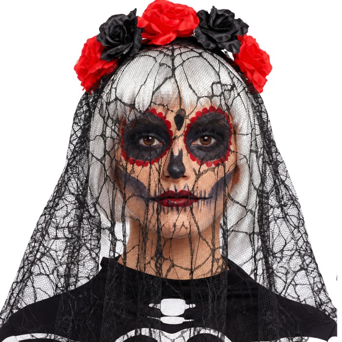 Diadema Catrina con Velo y Flores Rojas y Negras | Ducaval | Envías 2