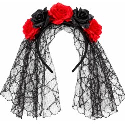 Diadema Catrina con Velo y Flores Rojas y Negras | Ducaval | Envías 2