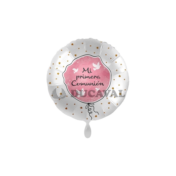 Globo foil MI PRIMERA COMUNIÓN paloma rosa 17" 43cm