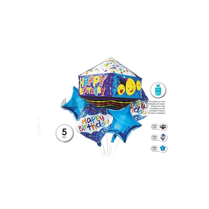 Set globo mylar rombo Happy Birthday 5 unidades