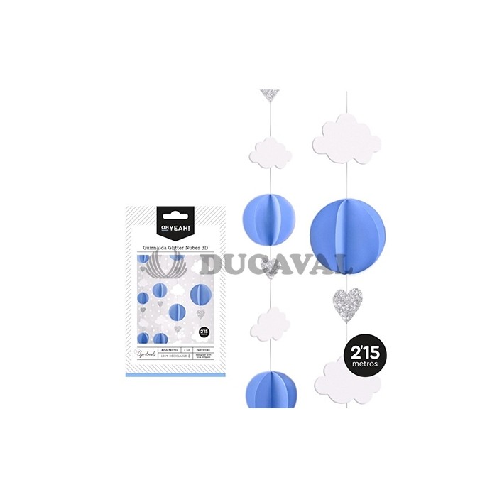Guirnalda techo 3D nubes azul pastel glitter 2.5mts