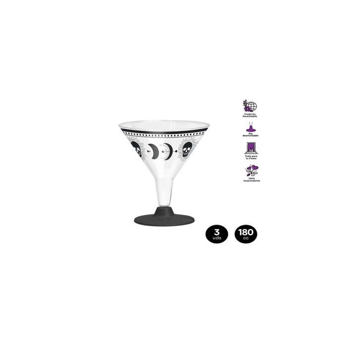Copa cócktail calavera pie negro reutilizable 180cc 3ud | Ducaval | E