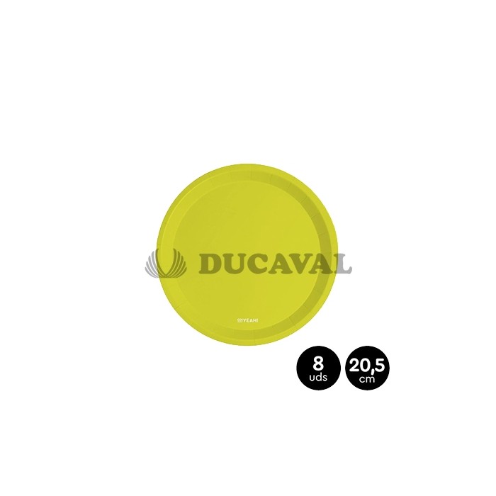Platos cartón amarillo flúor 20.5cm 8 unidades