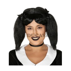 Peluca coletas negra con lazo