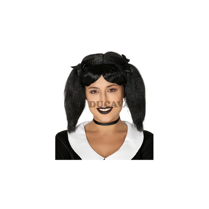 Peluca coletas negra con lazo