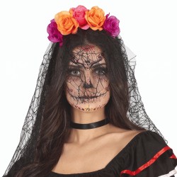 Diadema flores lila y naranja con velo | Ducaval | Envíos 24/48 horas