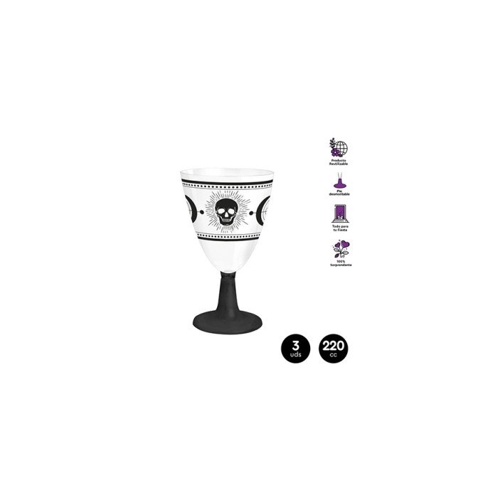 Copa agua calavera pie negro reutilizable 220cc 3ud| Ducaval | Envíos