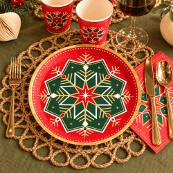 6 Platos De Cartón Copo De Nieve Rojo y Verde 23 Cm | Ducaval | Envío